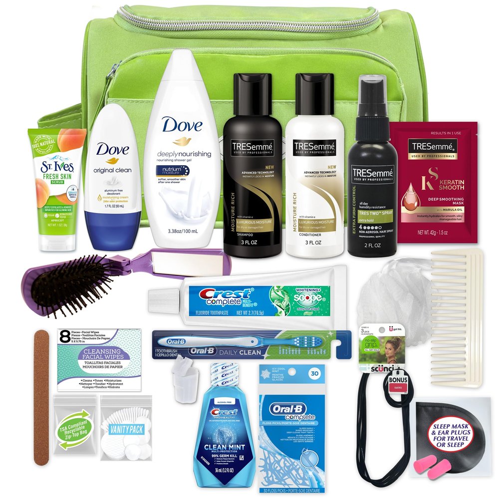 Convenience Kits International Womens Super Premium 31 pc Travel Kit Featuring: Ensemble of Travel-Size Hair Care Products Plus Face, Body, Oral Care, Travel Essentials (Green)