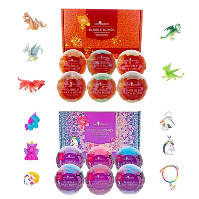 Bath Bombs for Kids with Surprise Dragon and Unicorn Toy Inside, 6 Bubble Bath Bombs Fizzies, Fruity Scents, Relaxing Aromas, Gentle and Kids Safe with Bath Toys