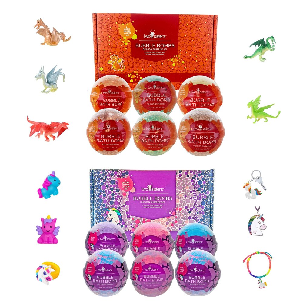Bath Bombs for Kids with Surprise Dragon and Unicorn Toy Inside, 6 Bubble Bath Bombs Fizzies, Fruity Scents, Relaxing Aromas, Gentle and Kids Safe with Bath Toys