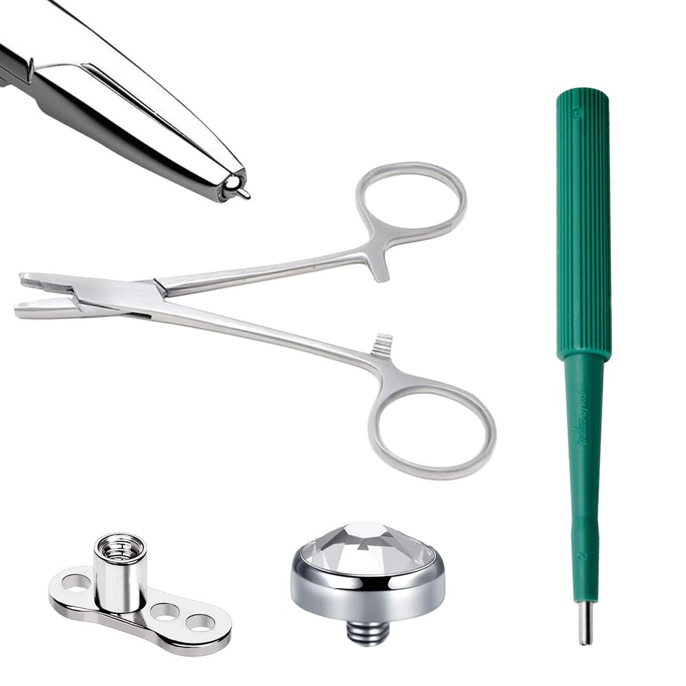LIONGOTHIC Dermal Piercing Kits for All Piercings - 14G Dermal Tops 4mm CZ, Dermal Base 2mm Raise, MicroDermal Anchor Tube Insertion Hemostat Forceps 6", Dermal Punch 2mm Surface Skin Piercing Jewelry Tool Kit Supplies