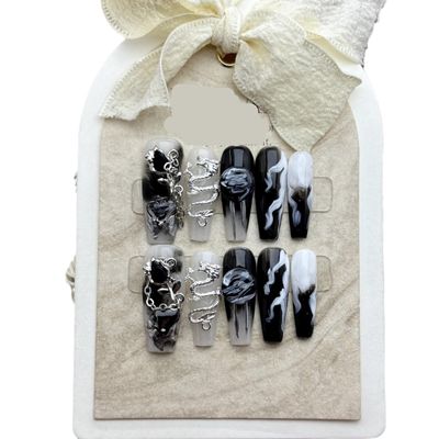 Chinese style ink dragon dark series nail art handmade wearable high-end long removable fake nail patches 10PCS (Size : M)