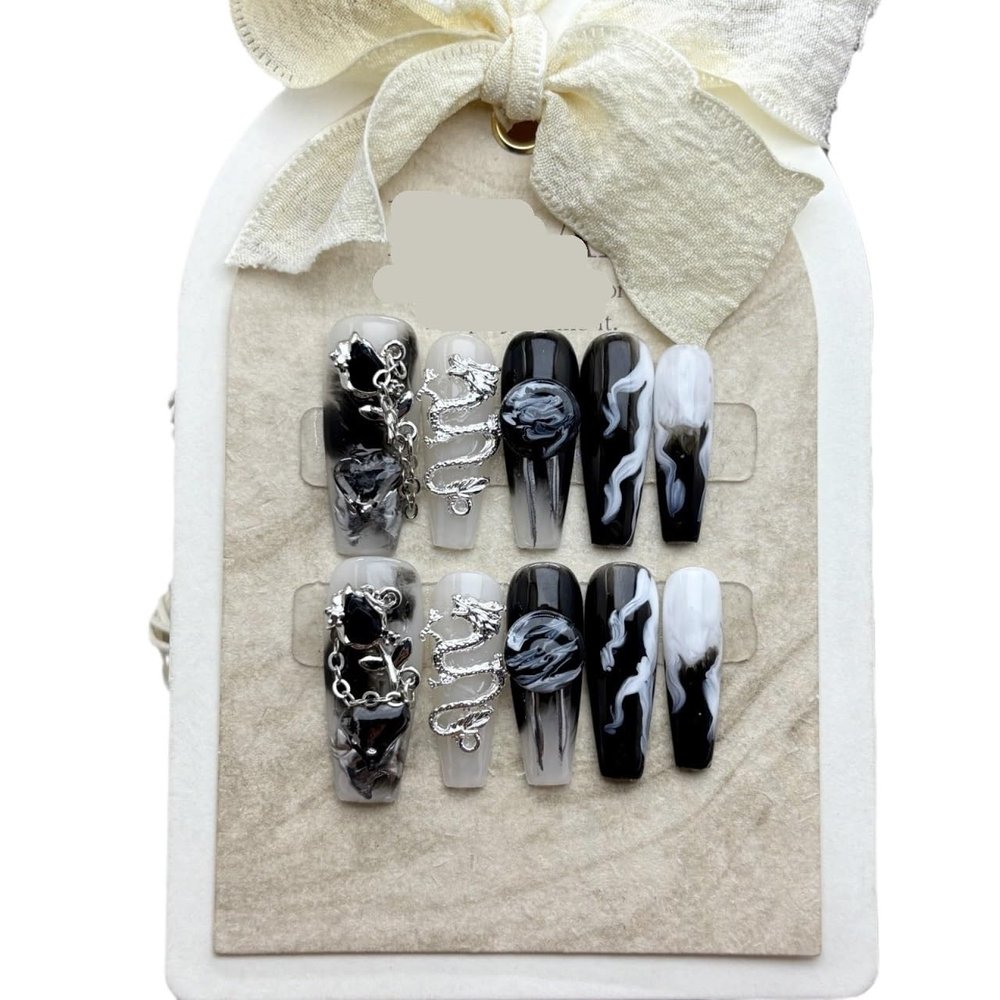 Chinese style ink dragon dark series nail art handmade wearable high-end long removable fake nail patches 10PCS (Size : M)