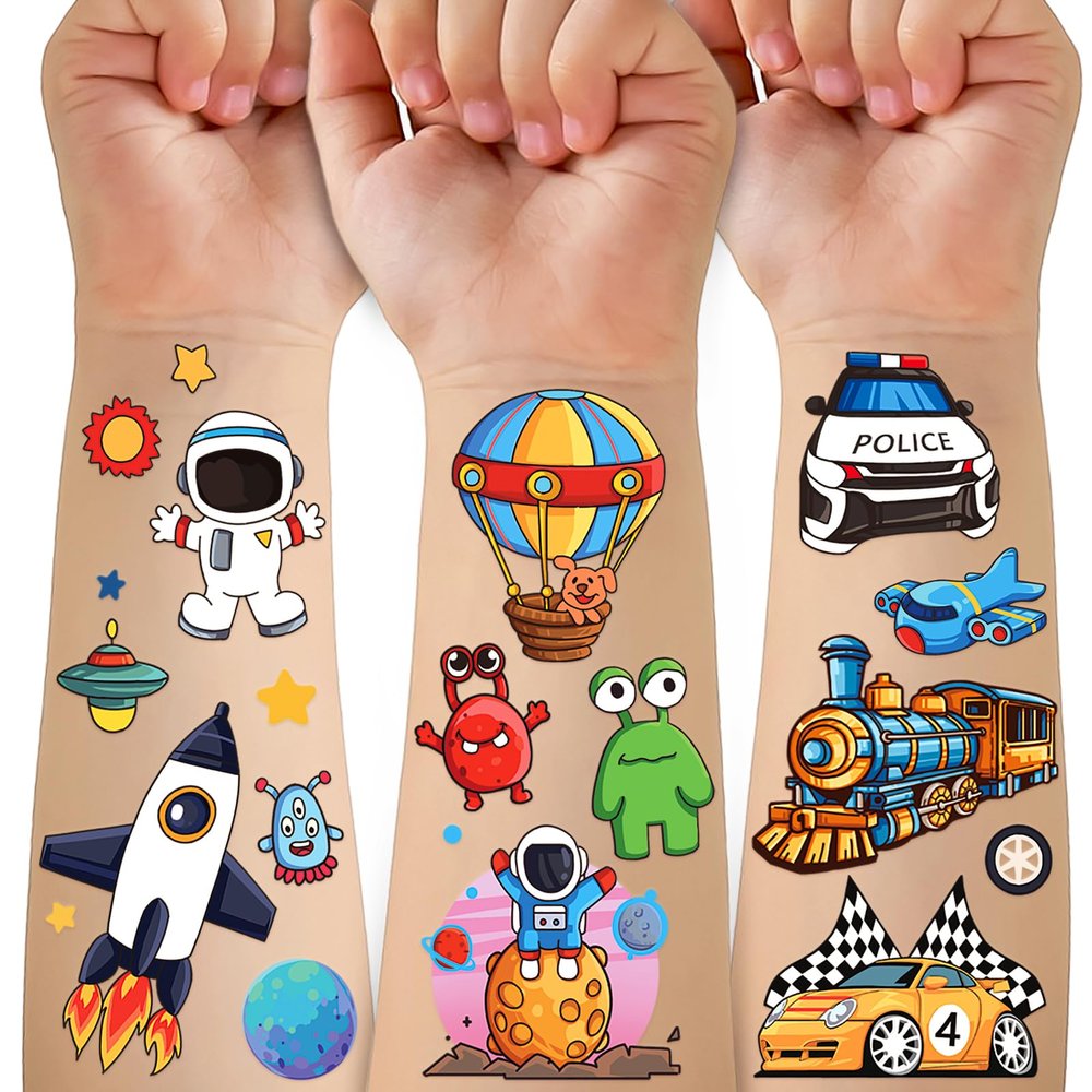 36 Sheets 280PCS Space Planets Vehicle Temporary Tattoos for Kids, Rocket Astronaut Spaceship Motorcycle Car Plane Ship Transportation Fake Tattoos for Kids Boys Girls Birthday Party Supplies Favors