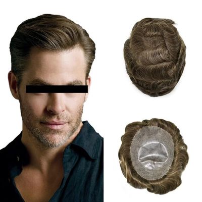 Toupee for Men Hairpiece Full Poly Thin Soft Mens Hair System PU Injection Human Hair Mens Toupee Durable Men Hair Replacement Hair Prosthesis Capilar 7X9"-120% Density-#410 Medium Brown+10% Gray