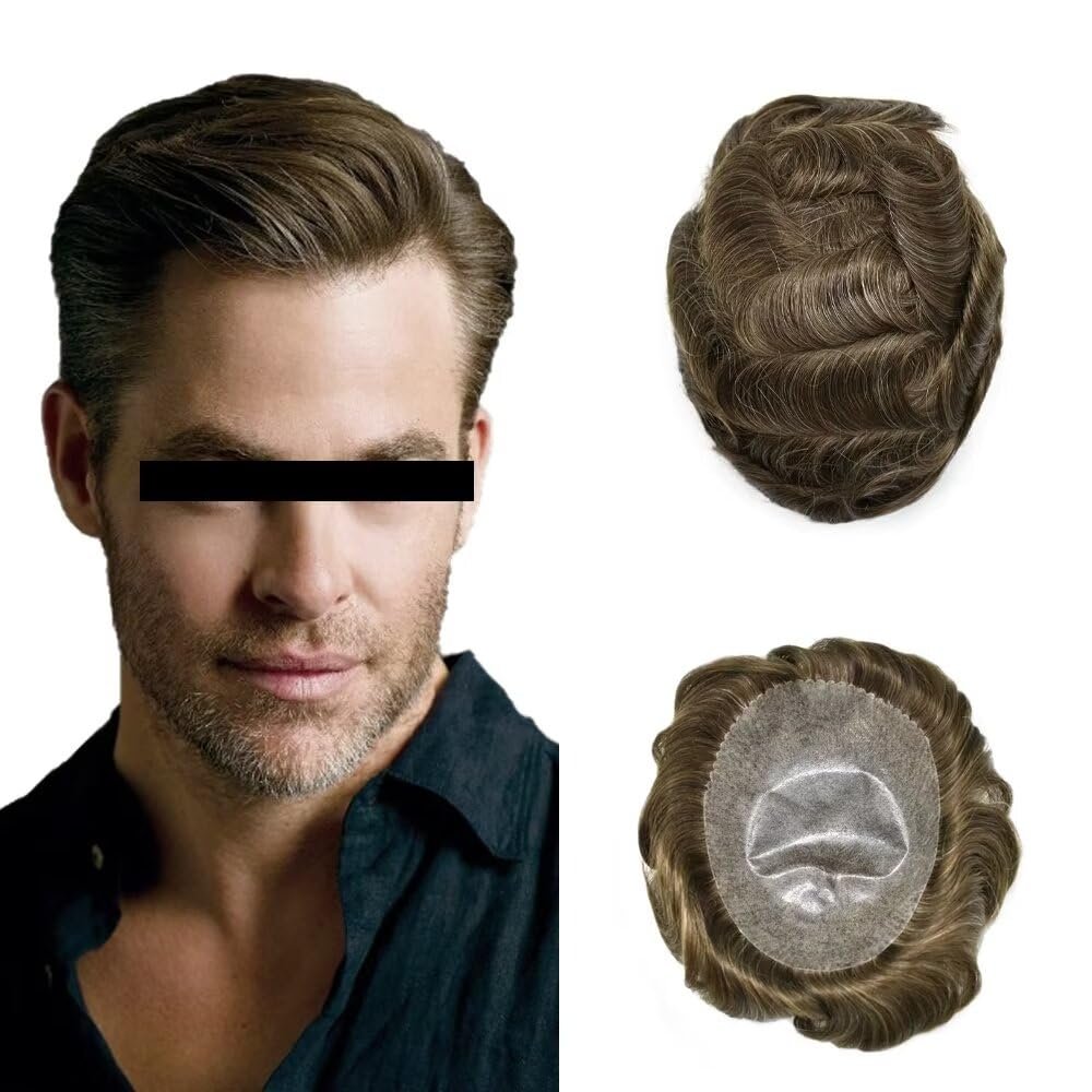 Toupee for Men Hairpiece Full Poly Thin Soft Mens Hair System PU Injection Human Hair Mens Toupee Durable Men Hair Replacement Hair Prosthesis Capilar 7X9"-120% Density-#410 Medium Brown+10% Gray