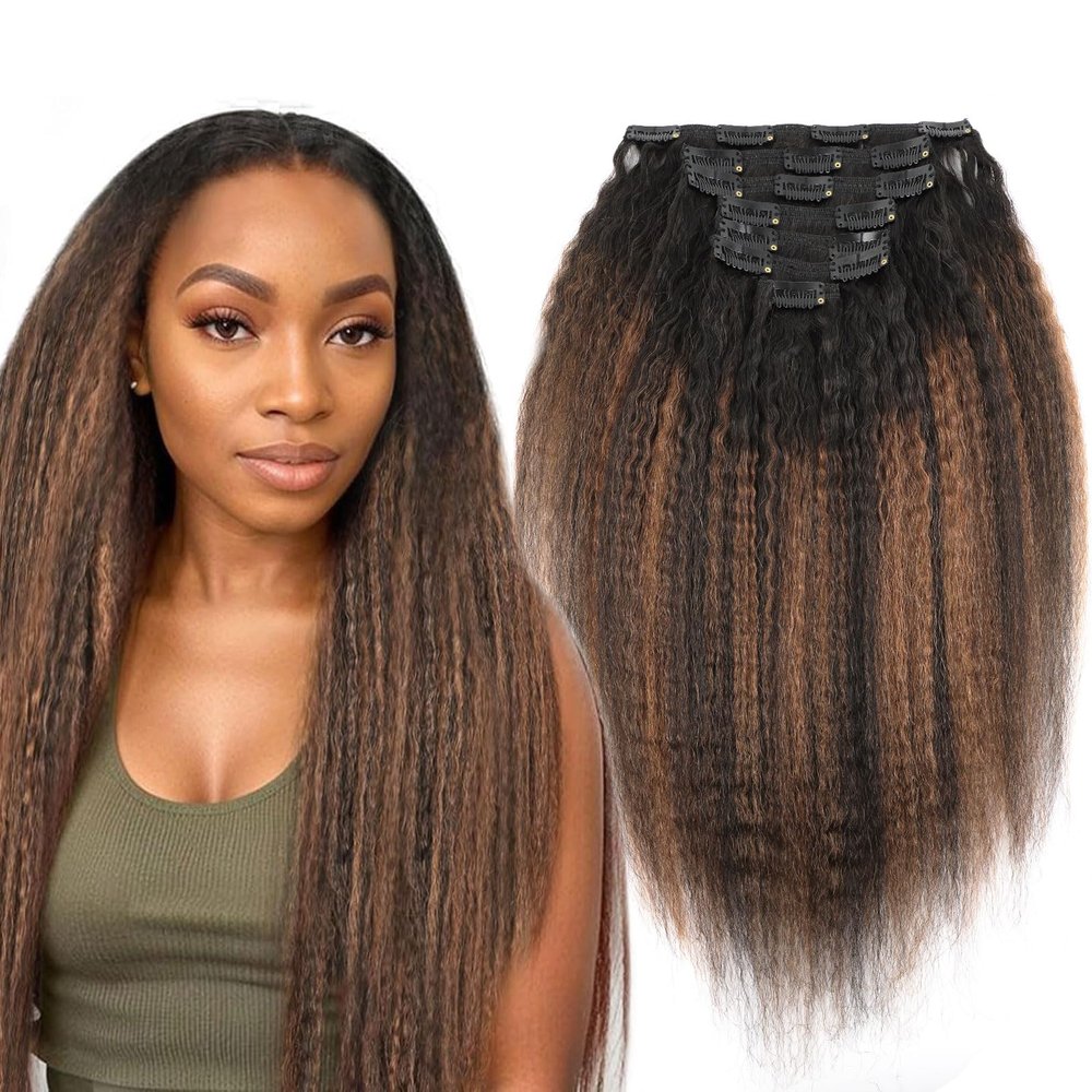 ABH AMAZINGBEAUTY HAIR Kinky Straight Clip in Hair Extensions Human Hair Rooted Black Piano Natural Black #1B With Medium Auburn #30 Two Tone Kinky Clip ins for Black Women 20 Inch Full Head 120G 7Pcs