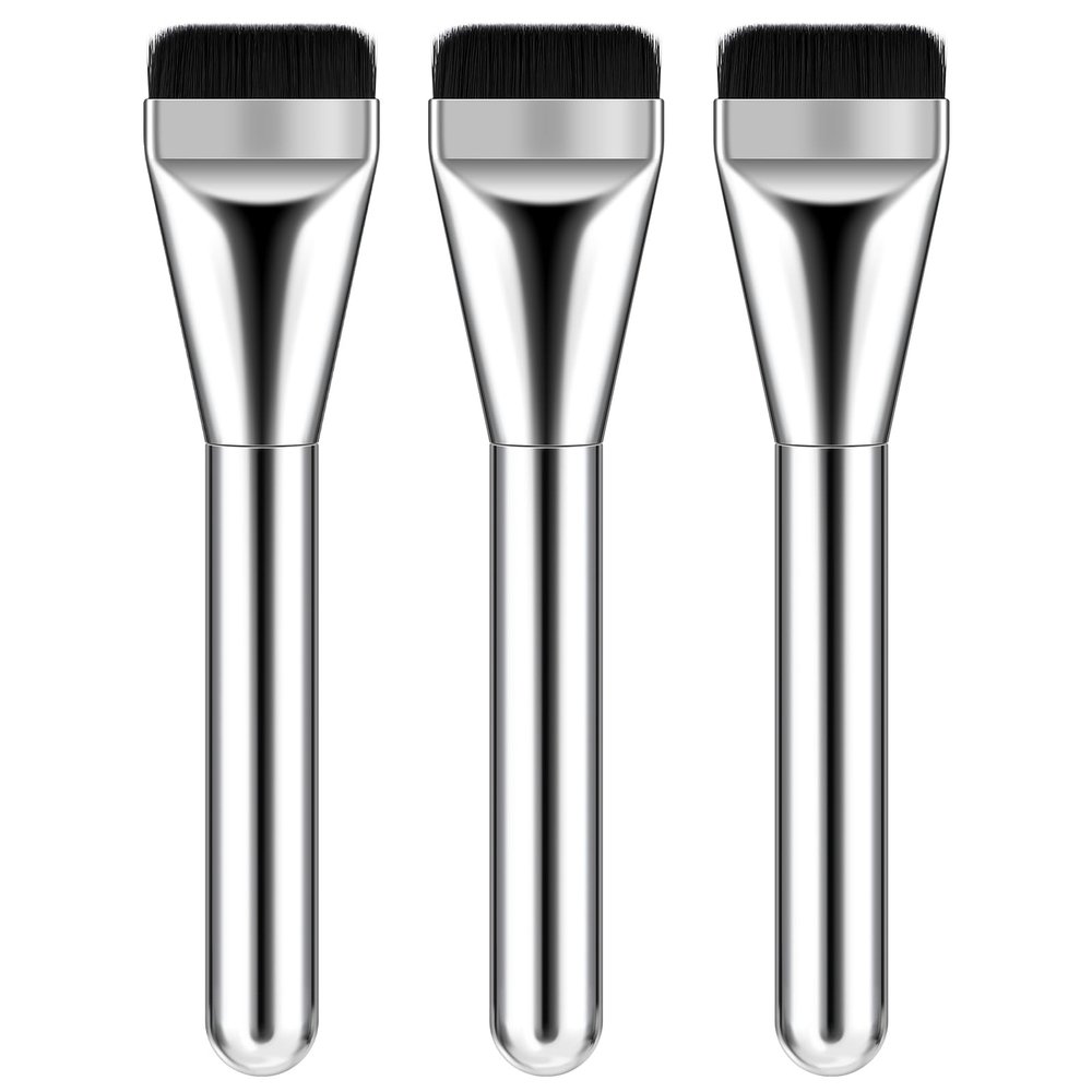 Gjinxi 3 Pc Makeup Brush Set - Flat, Thin Blade, Portable Facial Brushes, Cream Spatulas, Powder Scrubber, Soft Bristles - Fit Salon, Home, Travel (Silver)