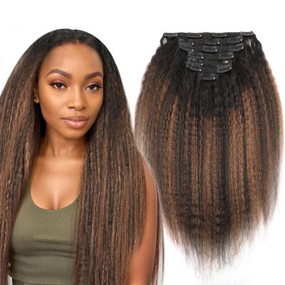 ABH AMAZINGBEAUTY HAIR Kinky Straight Clip in Hair Extensions Rooted Black Piano Natural Black #1B Fading into Light Auburn #30 Two Tone Kinky Clip ins for Black Women 16 Inch Full Head Clip ins 120G
