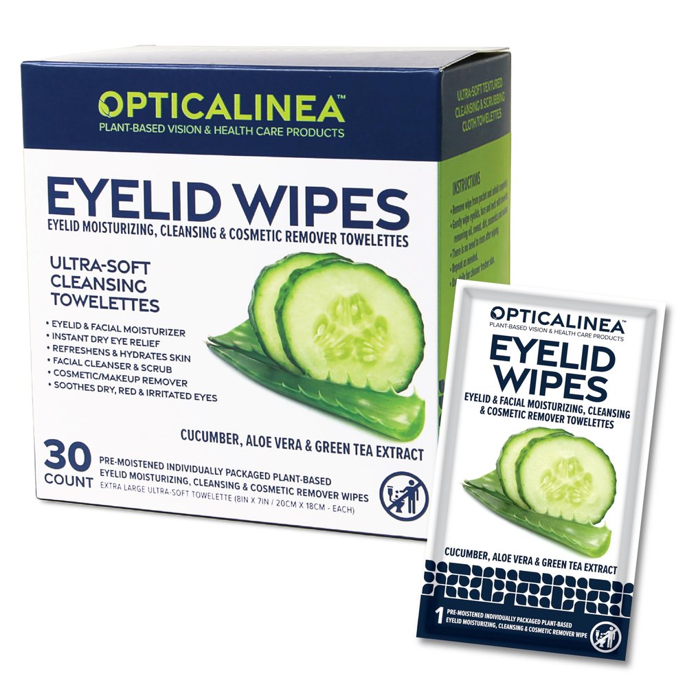 OPTICALINEA EYELID & LASH Ultra Soft Moisturizing Natural Plant Based Cucumber, Green Tea & Aloe Vera Extra Large 8"x7" Dry Eye Hypoallergenic Rinse Free Scrub & Cosmetic Makeup Remover Wipes 30ct