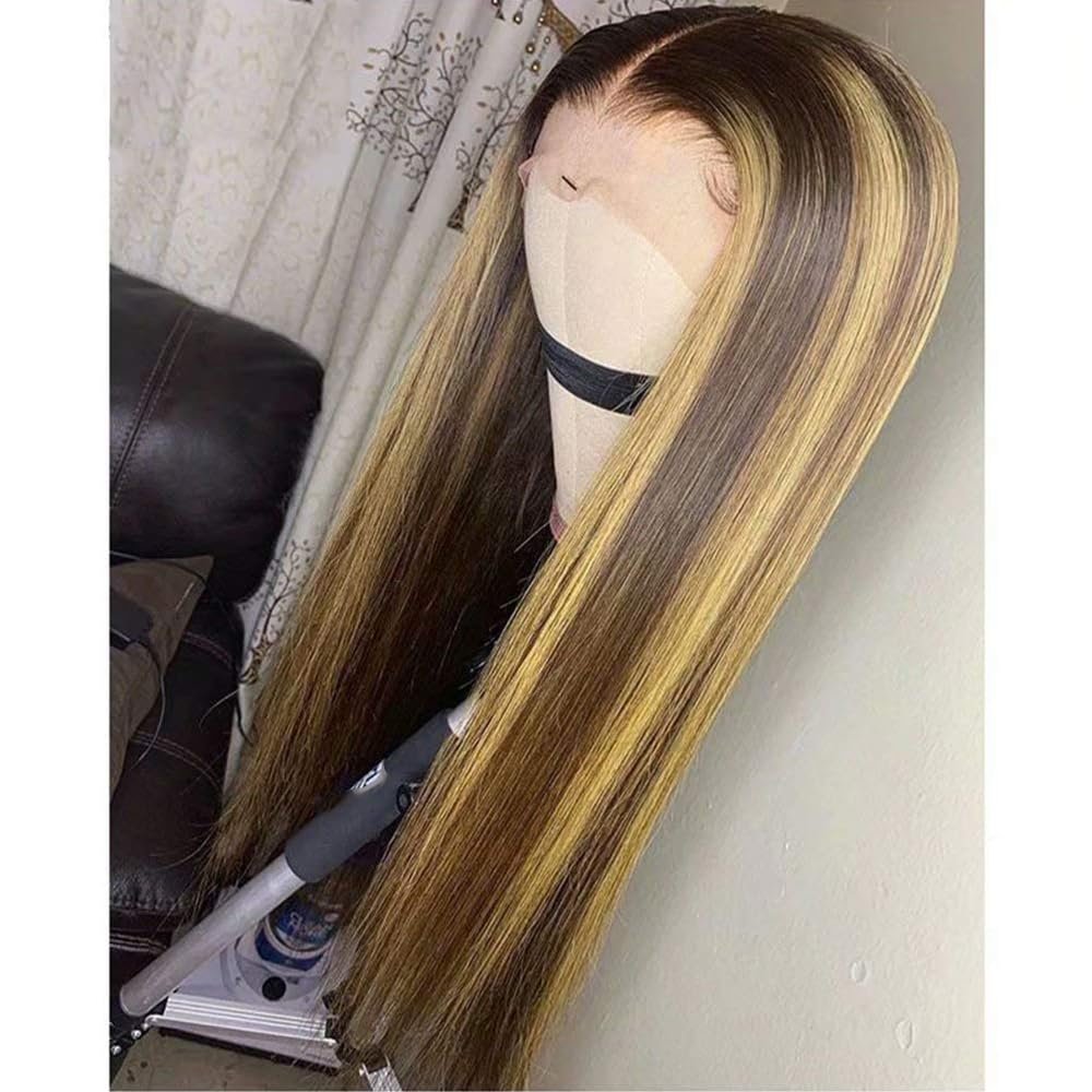 180 Density Highlight Straight Glueless Wig Human Hair Ready To Wear And Go 13X4 Hd Lace Frontal Honey Blond Highlight Ombre Straight Brazilian Human Hair Wigs with Invisible Bleached Knots 20"