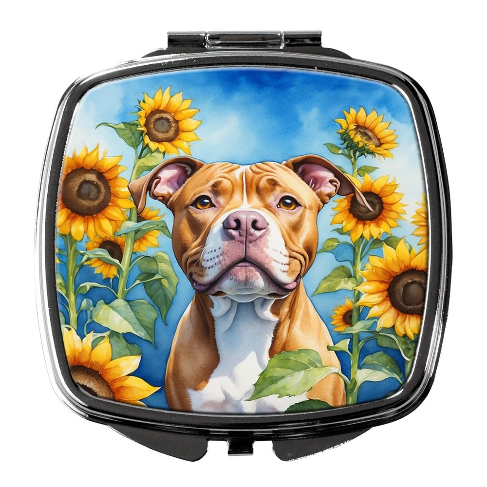 Caroline's Treasures Pit Bull Terrier in Sunflowers Compact Mirror Decorative Travel Makeup Mirror for Women Girls Gifts Pocket Makeup Mirror Folding Handheld
