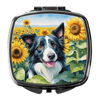 Caroline's Treasures Border Collie in Sunflowers Compact Mirror Decorative Travel Makeup Mirror for Women Girls Gifts Pocket Makeup Mirror Folding Handheld
