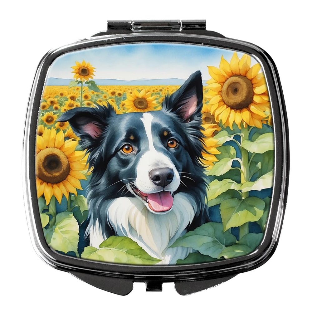 Caroline's Treasures Border Collie in Sunflowers Compact Mirror Decorative Travel Makeup Mirror for Women Girls Gifts Pocket Makeup Mirror Folding Handheld
