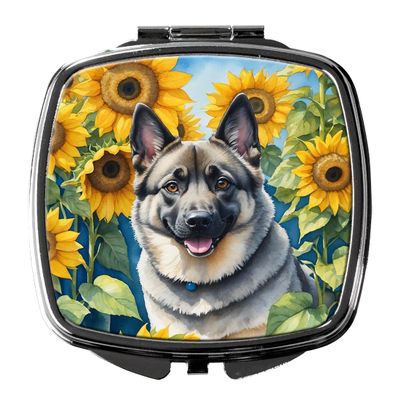 Caroline's Treasures Norwegian Elkhound in Sunflowers Compact Mirror Decorative Travel Makeup Mirror for Women Girls Gifts Pocket Makeup Mirror Folding Handheld
