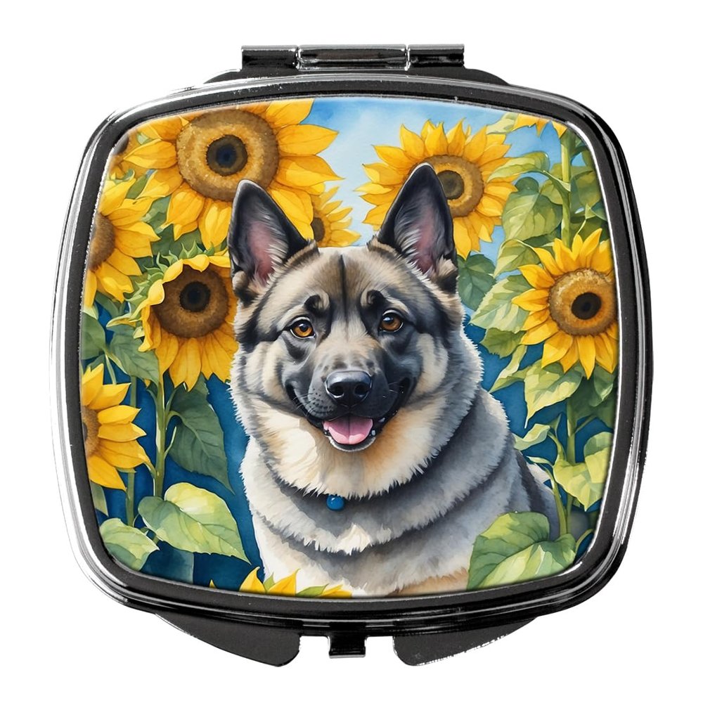 Caroline's Treasures Norwegian Elkhound in Sunflowers Compact Mirror Decorative Travel Makeup Mirror for Women Girls Gifts Pocket Makeup Mirror Folding Handheld