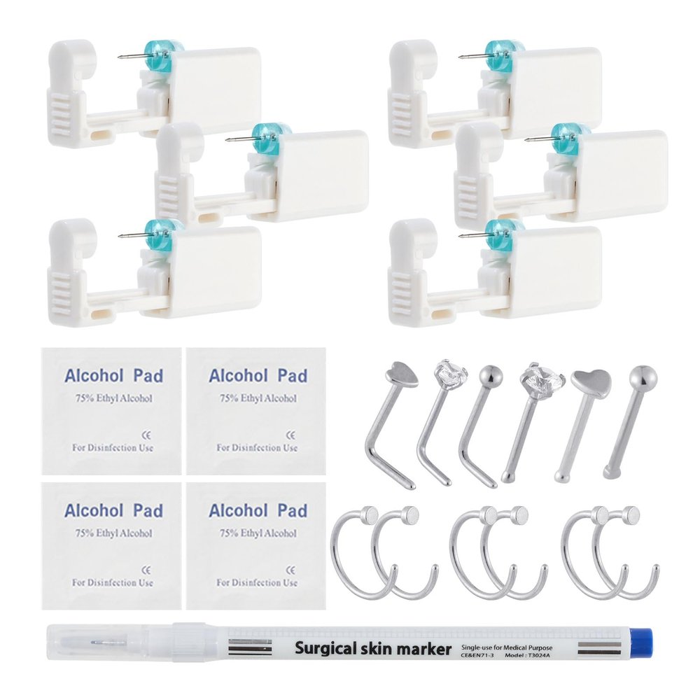 JESMODA 6 Pack Body Piercing Kit Disposable Safe Piercing Unit for Self Nose Piercing Gun at Home Professional Ear Piercing Tool with 12 Nose Studs and earrings for Women Men