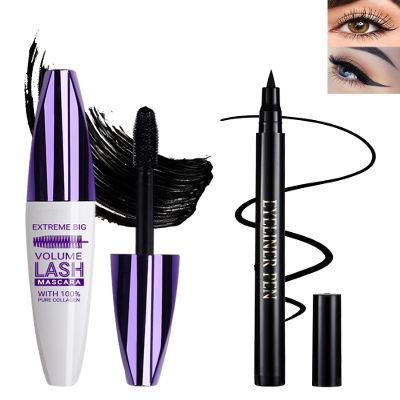 Black Waterproof Mascara & Eyeliner, 5D Silk Fiber Lash Extension Colored Tube Mascara Volume and Length,Long-Lasting Smudge-Proof Volumizing Colorful Mscara and Liquid Eyeliner Pen Set for Women