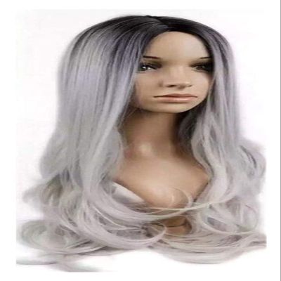 POUERW ArQray Wigs Black and Gray Gradient Color Wig Long Curly Hair Wig Lifelike Beautiful Long Wavy Harajuku Style Cosplay Wig
