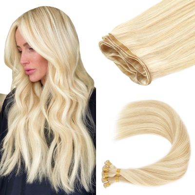 ABH AMAZINGBEAUTY HAIR Sew in Hand Tied Weft Hair Extensions Highlights Platinum Double Wefts Remy Human Hair 50 Gram Dirty Blonde With Beach Blonde Highlights Human Weft Color P18-613, 18 Inch