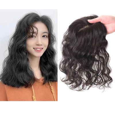 13x14 One Piece Human Hair For WOman Natural Cover White Hair Wave Three Clips (with Bangs 12inch,Black)