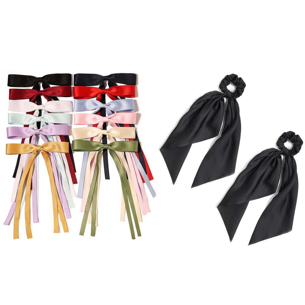 12pcs Ribbon Bow Hair Clips and 2pcs Black Hair Scarf Scrunchies
