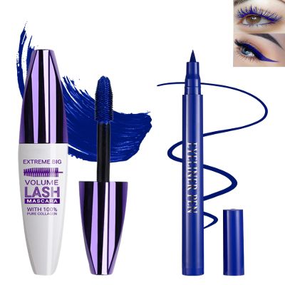 Blue Waterproof Mascara & Eyeliner, 5D Silk Fiber Lash Extension Colored Tube Mascara Volume and Length,Long-Lasting Smudge-Proof Volumizing Colorful Mscara and Liquid Eyeliner Pen Set for Women