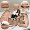 Shoyunt Luxorluxe Makeup Bag, Luxor Luxe Large Capacity Travel Cosmetic Bag, PU Leather Three Layers Makeup Travel Bag, Portable Multi-partition with Handle Makeup Bag (Black) view 2