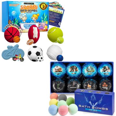Bundle of 14 Bath Bombs for Men and Kids - Bath Bombs with Toys Inside - Gift Set of Scented Organic Bath Bombs of 2.5 oz with Natural Essential Oils, Toys, Flash Cards by Zenseme