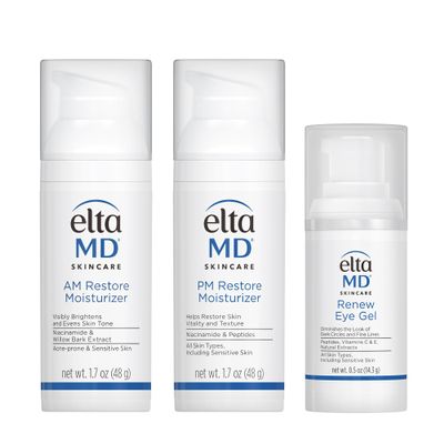 EltaMD Morning and Night Skin Care Kit, AM Restore and PM Restore Facial Moisturizers, Anti-Aging Renew Eye Gel