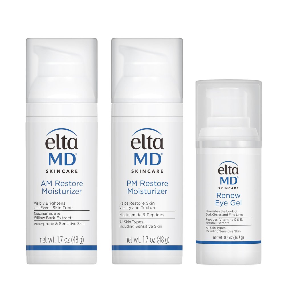 EltaMD Morning and Night Skin Care Kit, AM Restore and PM Restore Facial Moisturizers, Anti-Aging Renew Eye Gel