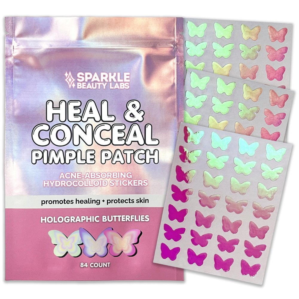 Sparkle Beauty Labs Heal & Conceal Pimple Patch - Cute Holographic Butterfly Shaped Acne Patches, Fun Hydrocolloid Zit Stickers for Face (Iridescent Pink Butterflies, 84 Count)