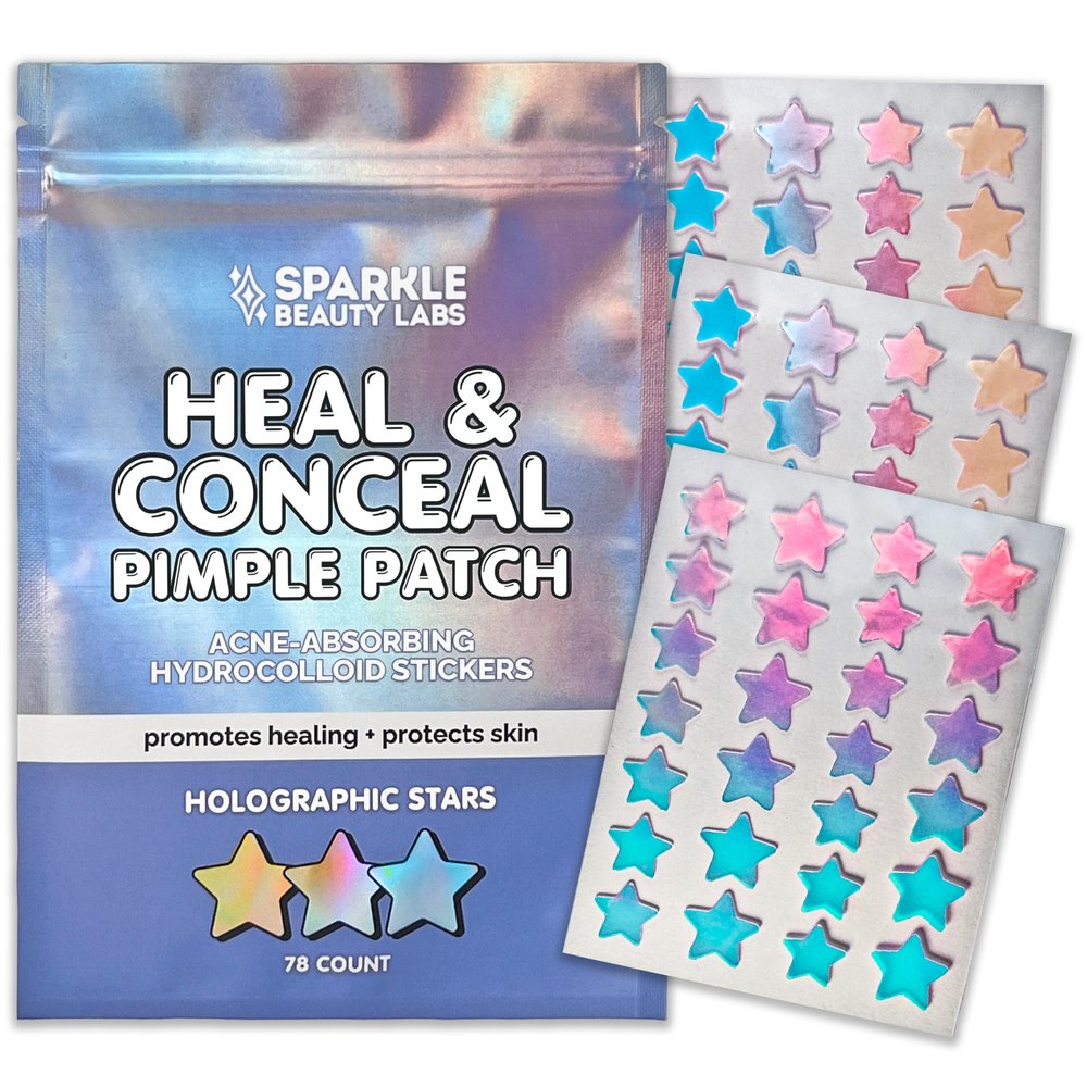 Sparkle Beauty Labs Heal & Conceal Pimple Patch - Cute Holographic Star Shaped Acne Patches, Fun Hydrocolloid Zit Stickers for Face (Iridescent Stars, 78 Count)