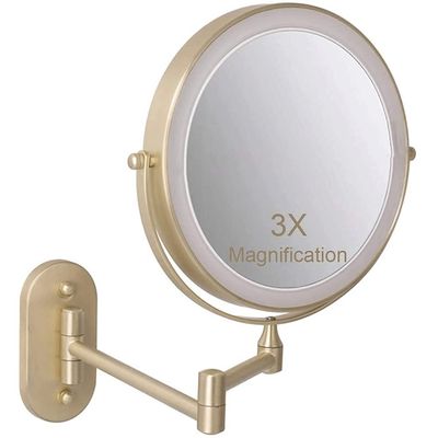 MUOBSBJRX 8 Inch Rechargeable Wall Mounted Lighted Makeup Vanity Mirror with 3 Color Lights Double Sides 1X/7X Magnifying Makeup Mirror Touch Screen Dimming 360 Shaving Mirror Gold (Color : 1x/3x)