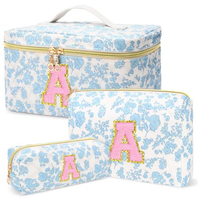 3 PCS Travel Makeup Bag Set, AZ Initials Cotton Quilted Cosmetic Bag for Women & Preppy, Personalized Toiletry Bag Travel Accessories Makeup Brushes Organizer, Valentines Day & Birthday Gift for Her