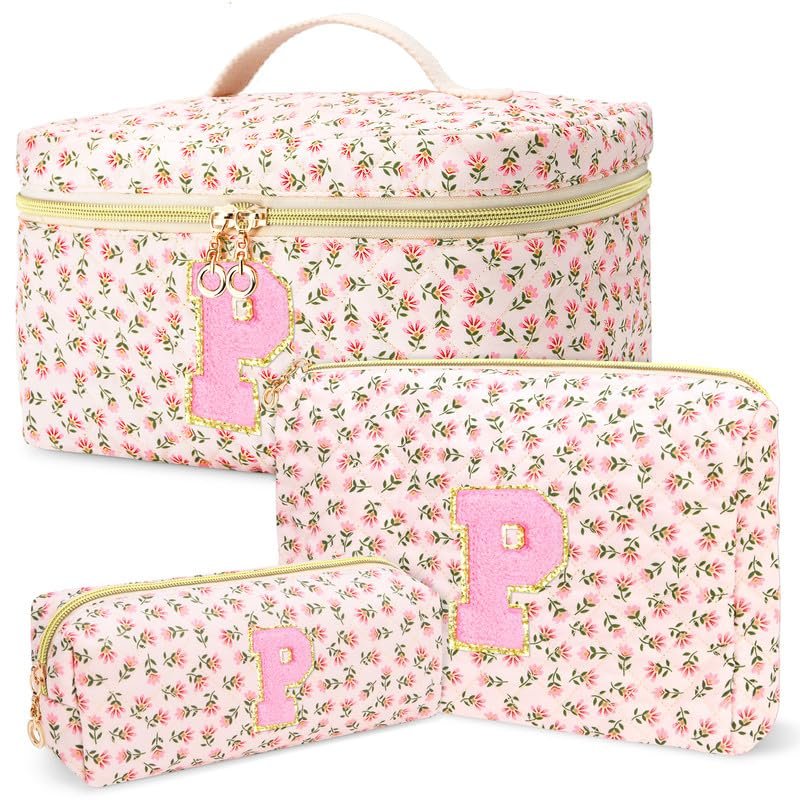 3 PCS Travel Makeup Bag Set, AZ Initials Cotton Quilted Cosmetic Bag for Women & Preppy, Personalized Toiletry Bag Travel Accessories Makeup Brushes Organizer, Valentines Day & Birthday Gift for Her