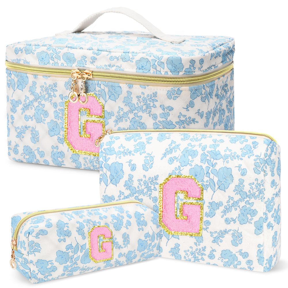 3 PCS Travel Makeup Bag Set, AZ Initials Cotton Quilted Cosmetic Bag for Women & Preppy, Personalized Toiletry Bag Travel Accessories Makeup Brushes Organizer, Valentines Day & Birthday Gift for Her