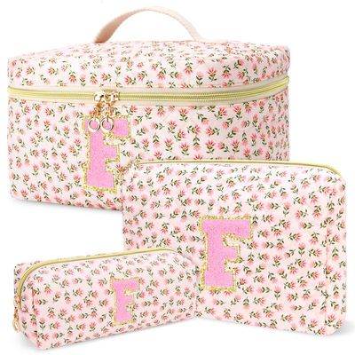 3 PCS Travel Makeup Bag Set, AZ Initials Cotton Quilted Cosmetic Bag for Women & Preppy, Personalized Toiletry Bag Travel Accessories Makeup Brushes Organizer, Valentines Day & Birthday Gift for Her