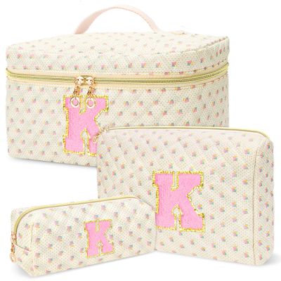 3 PCS Travel Makeup Bag Set, AZ Initials Cotton Quilted Cosmetic Bag for Women & Preppy, Personalized Toiletry Bag Travel Accessories Makeup Brushes Organizer, Valentines Day & Birthday Gift for Her
