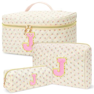 3 PCS Travel Makeup Bag Set, AZ Initials Cotton Quilted Cosmetic Bag for Women & Preppy, Personalized Toiletry Bag Travel Accessories Makeup Brushes Organizer, Valentines Day & Birthday Gift for Her