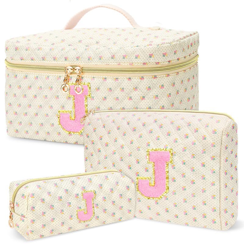 3 PCS Travel Makeup Bag Set, AZ Initials Cotton Quilted Cosmetic Bag for Women & Preppy, Personalized Toiletry Bag Travel Accessories Makeup Brushes Organizer, Valentines Day & Birthday Gift for Her