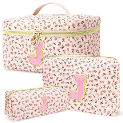 3 PCS Travel Makeup Bag Set, AZ Initials Cotton Quilted Cosmetic Bag for Women & Preppy, Personalized Toiletry Bag Travel Accessories Makeup Brushes Organizer, Valentines Day & Birthday Gift for Her