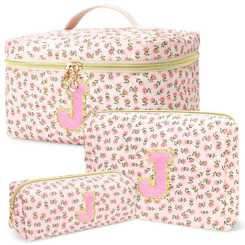 3 PCS Travel Makeup Bag Set, AZ Initials Cotton Quilted Cosmetic Bag for Women & Preppy, Personalized Toiletry Bag Travel Accessories Makeup Brushes Organizer, Valentines Day & Birthday Gift for Her