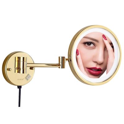 IIUUAYUVI Makeup Mirror with Lights and Magnification,8 inch Brass Bathroom Wall-Mounted Led Cosmetic Vanity Mirror,Swivel Extendable Mirror,Black,3X /Gold/5X (Color : Chrome, Size : 5X)