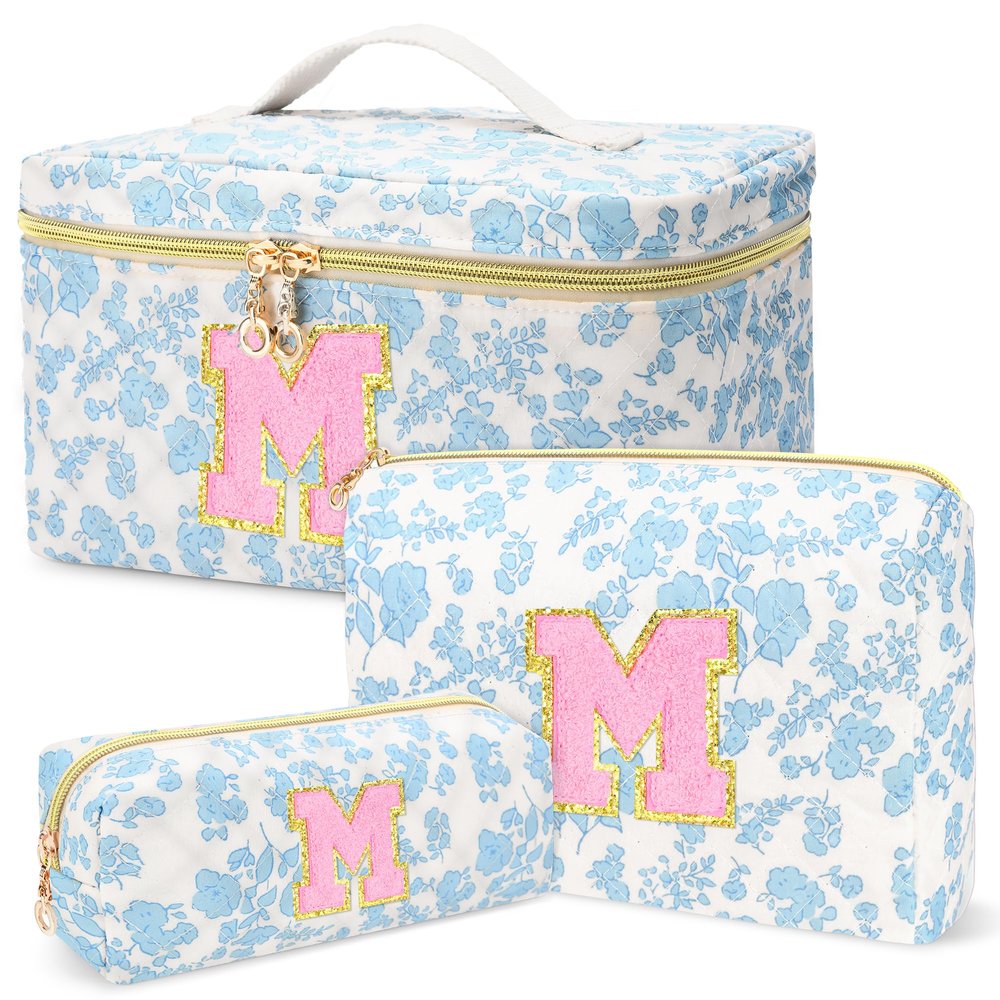 3 PCS Travel Makeup Bag Set, AZ Initials Cotton Quilted Cosmetic Bag for Women & Preppy, Personalized Toiletry Bag Travel Accessories Makeup Brushes Organizer, Valentines Day & Birthday Gift for Her
