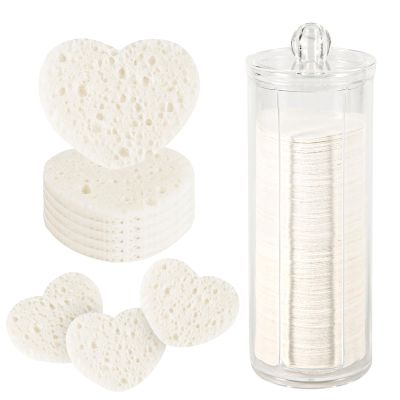 120pcs Facial Sponges, Compressed Facial Sponges with Container Heart Shape Face Sponges Sponge Pads for Face Cleaning Removing Makeup Exfoliating (White)