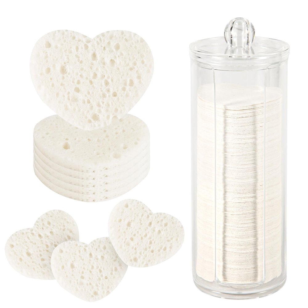 120pcs Facial Sponges, Compressed Facial Sponges with Container Heart Shape Face Sponges Sponge Pads for Face Cleaning Removing Makeup Exfoliating (White)
