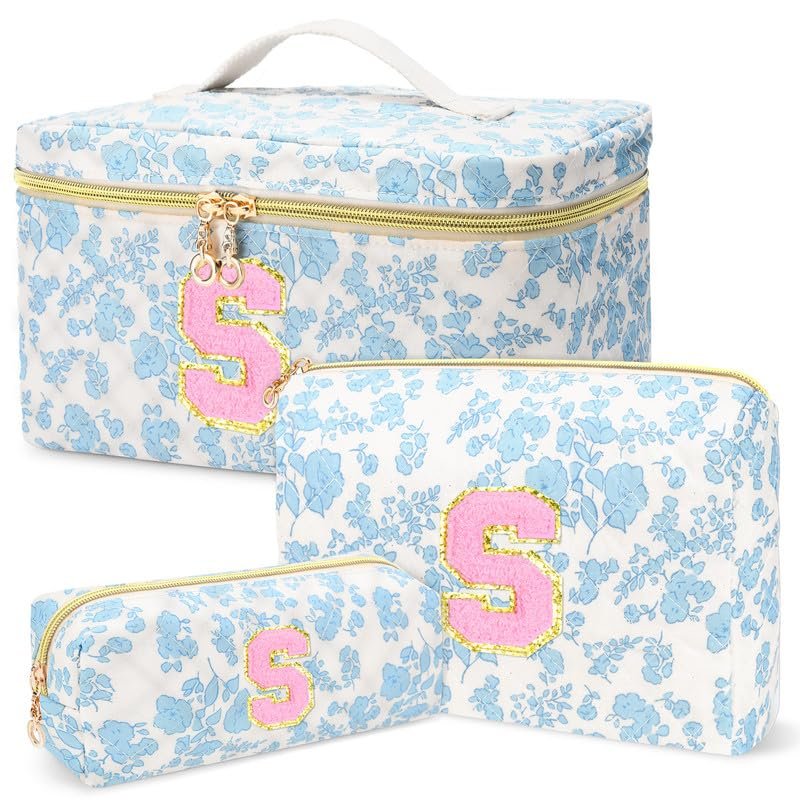 3 PCS Travel Makeup Bag Set, AZ Initials Cotton Quilted Cosmetic Bag for Women & Preppy, Personalized Toiletry Bag Travel Accessories Makeup Brushes Organizer, Valentines Day & Birthday Gift for Her