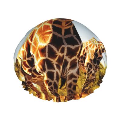 Wild Giraffe Print Shower Caps for Women Reusable Bath Caps Double Layer Waterproof Hair Cap with EVA Lining Soft Comfortable Bath Hat for all Hair Types