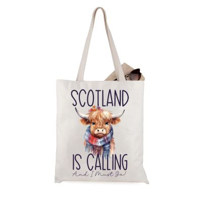 WCGXKO Highland Cow Scottish Tote Bag - Scotland Travel Gift (Scotland Calling)