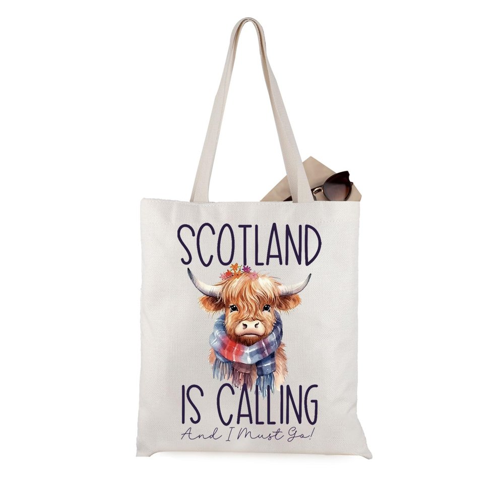 WCGXKO Highland Cow Scottish Tote Bag - Scotland Travel Gift (Scotland Calling)